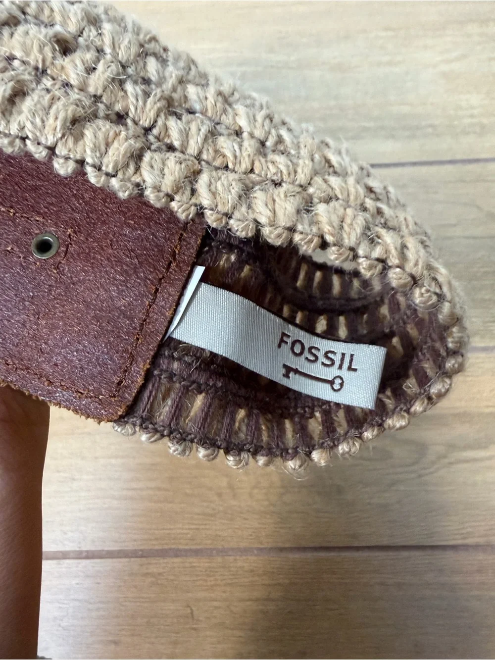 Fossil Woven Stretch Belt Leather Equestrian Buckle Cream Tan Boho
